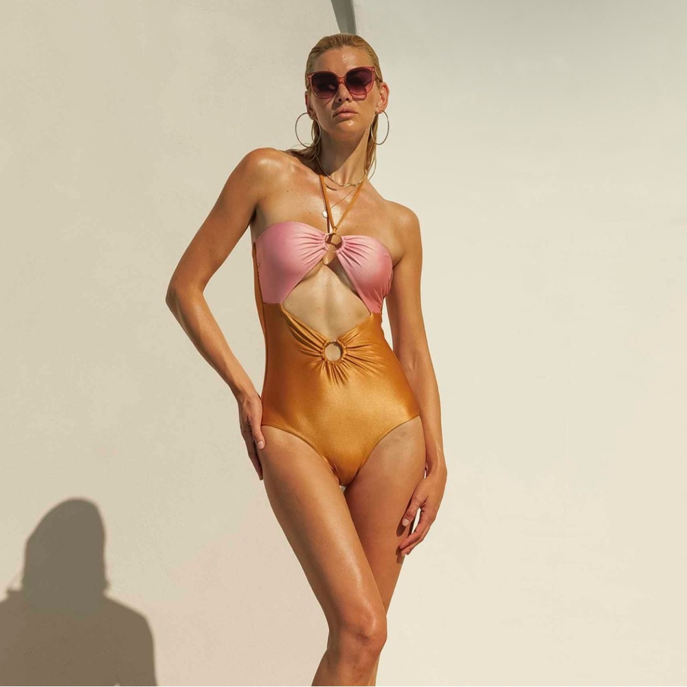 Pink and Gold Cut Out One Piece Swimsuit with halter and ring detail